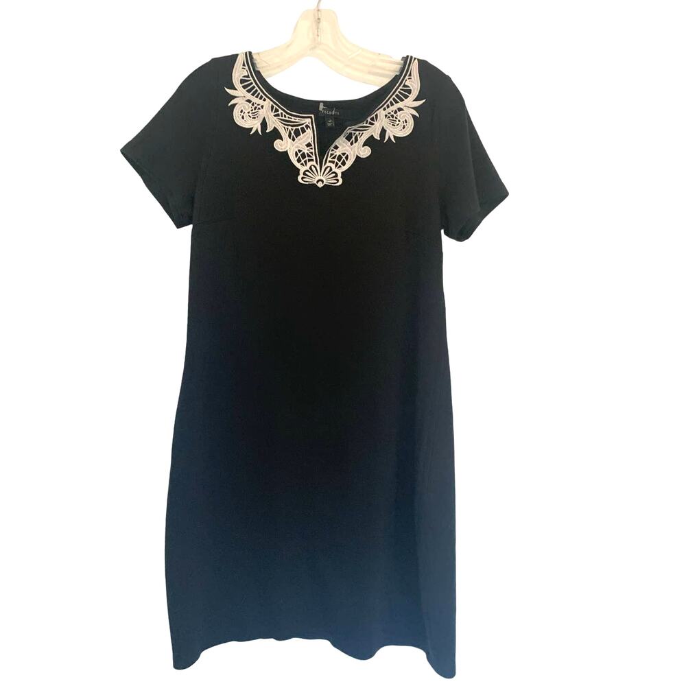Talbots Black Shift Dress Medium Womens Embroidered Neck Party Preppy Minimalist